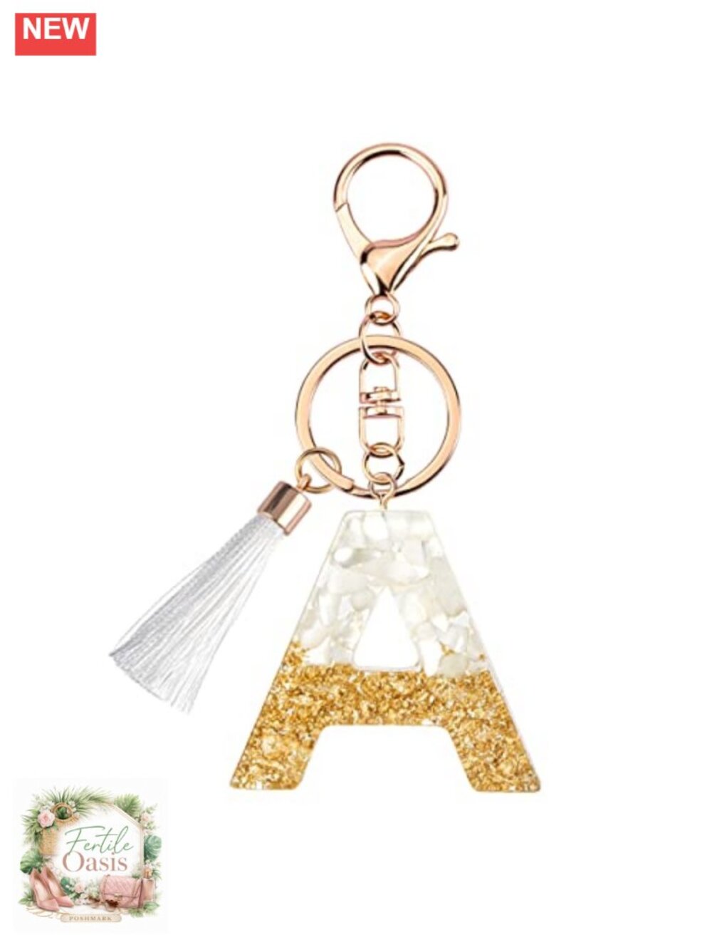 Cute Beige Initial Letter Keychain with White Tassel Charm for Handbags
